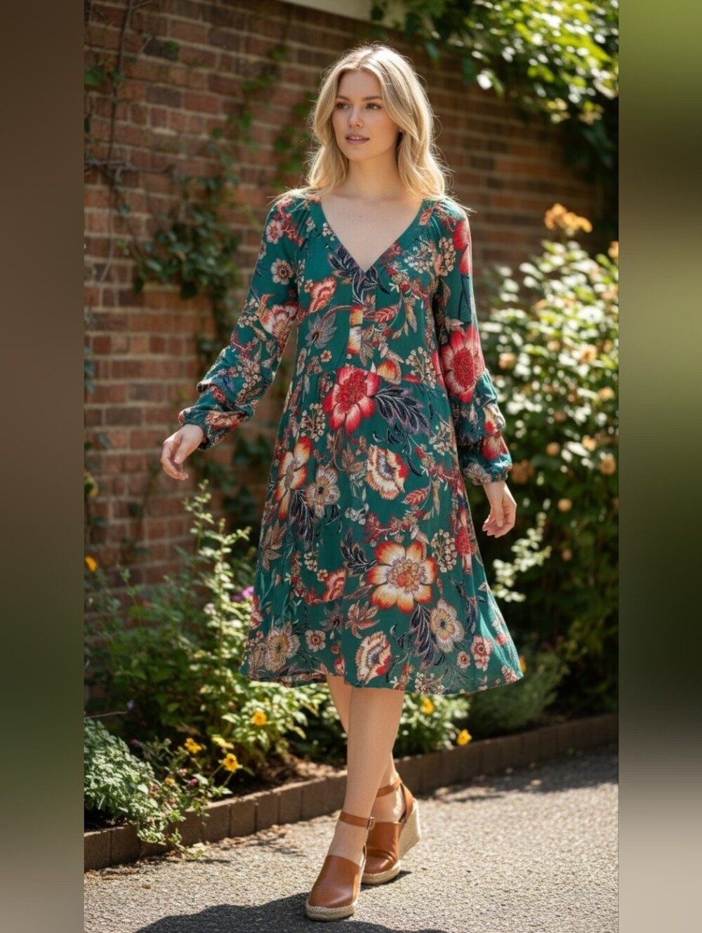 Anthropologie Fig and Flower Teal Floral Long-Sleeve Shift Dress Size L